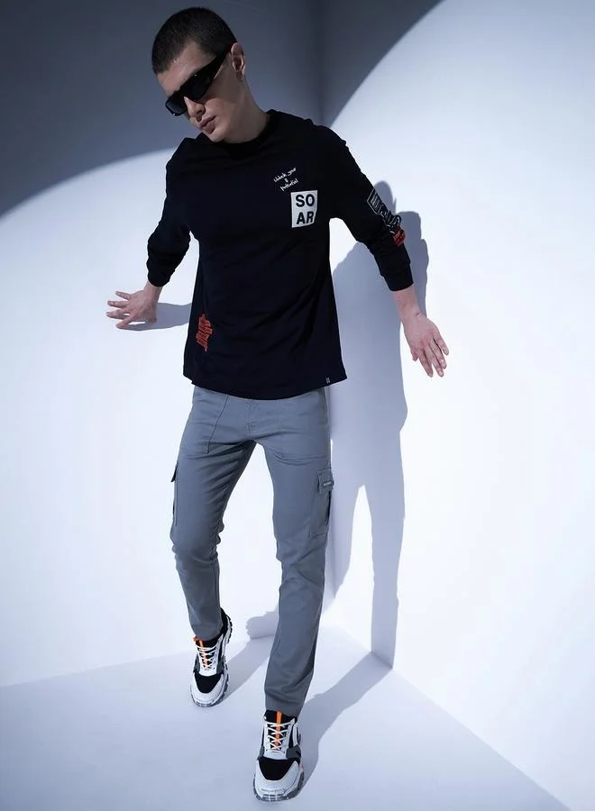 Hubberholme Black Typography Printed Relaxed Fit Cotton Casual T-shirt for Men