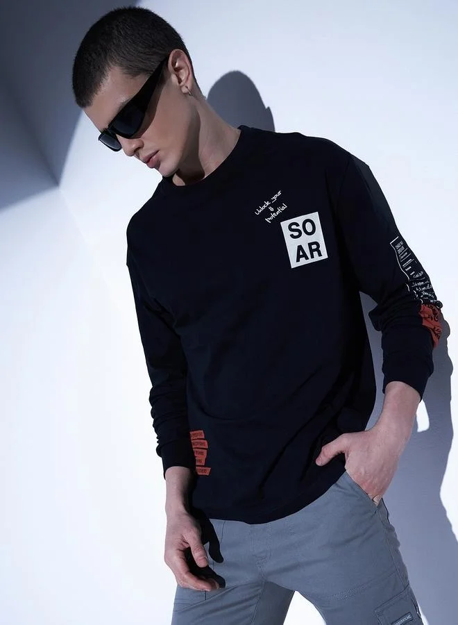 Hubberholme Black Typography Printed Relaxed Fit Cotton Casual T-shirt for Men