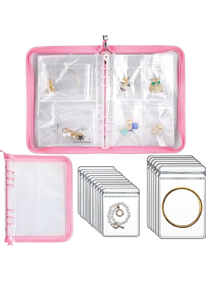Raxoom Jewelry Organizer Jewelry Storage Box with Pocket Traveling Necklace Earring Organizer with Zipper for Ring, Bracelets, Stud,Necklace with 70 Grids /60 Thicken PVC Zipper Bags (Pink) - Image 1