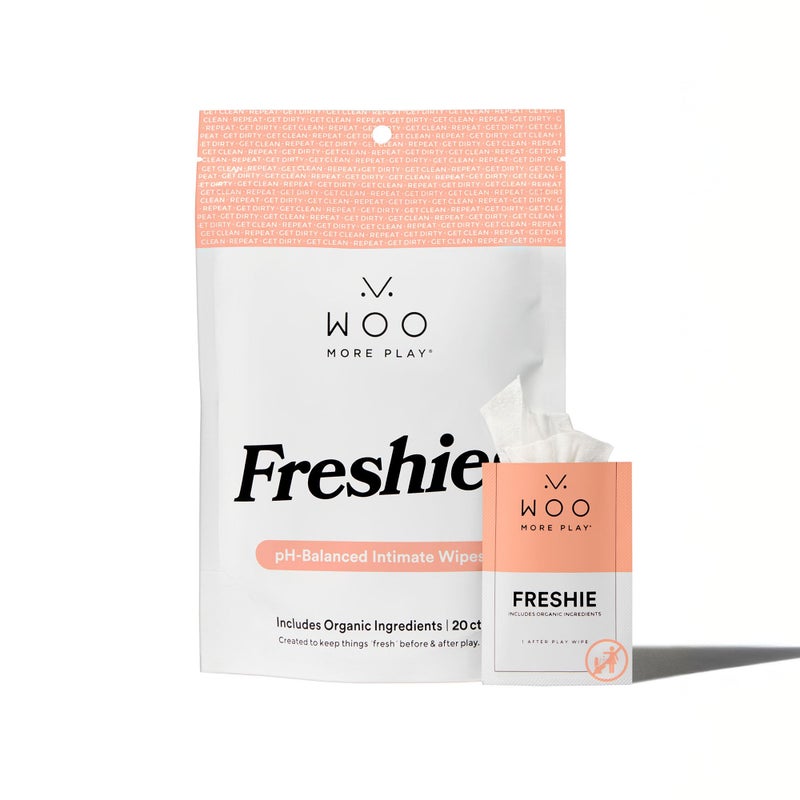 Woo More Play Freshies: All-Natural Feminine Intimacy Towelette Wipes with Coconut Water and Aloe Vera, Promotes Feminine Health & Helps Alleviate Irritation - Vegan and Cruelty Free, 20ct - Image 1