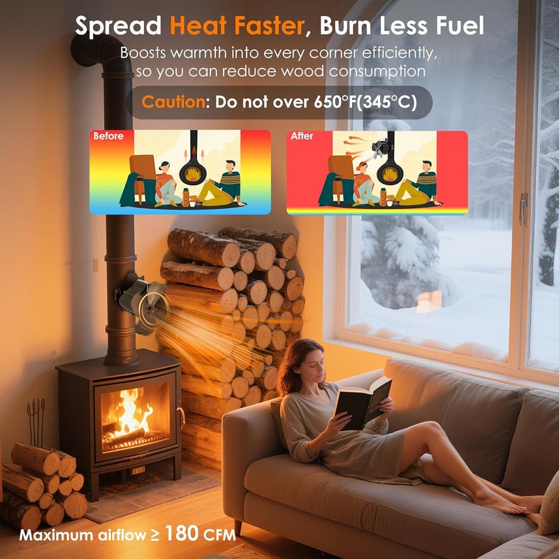 Easywave Wood Stove Fan, Magnetic Pipe Fireplace Fan, Heat Powered Fireplace Fan Non Electric, Thermal Fan for Wood/Log Burning Stove Gas Burner, Silent Motor, W/Stove Accessories Thermometer - Image 5