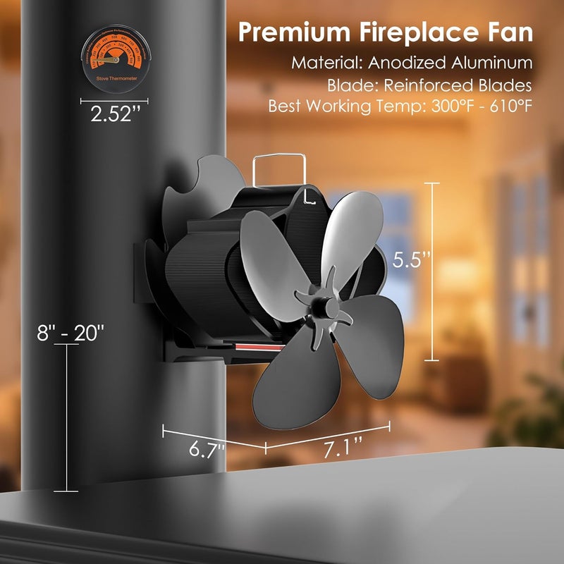 Easywave Wood Stove Fan, Magnetic Pipe Fireplace Fan, Heat Powered Fireplace Fan Non Electric, Thermal Fan for Wood/Log Burning Stove Gas Burner, Silent Motor, W/Stove Accessories Thermometer - Image 3