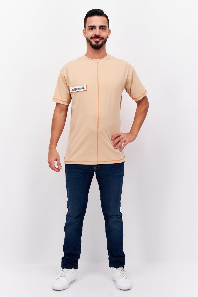TRIBE OF 6 Men Crew Neck Short Sleeve Embroidered Logo T-Shirt, Tan - Image 3