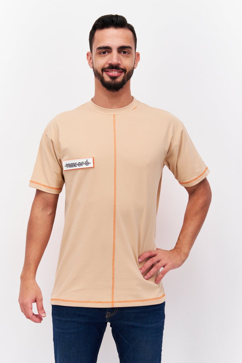 TRIBE OF 6 Men Crew Neck Short Sleeve Embroidered Logo T-Shirt, Tan - Image 1