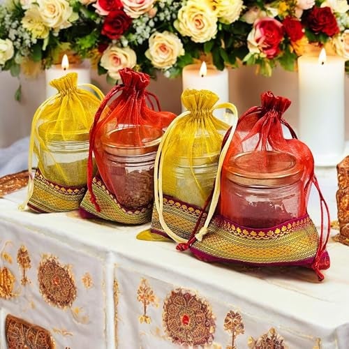 Kriwin Women's Silk Tissue Drawstring Small Size Potli Bags (18 X 12 cm; Gold and Maroon) -50 Pieces Each - Image 5