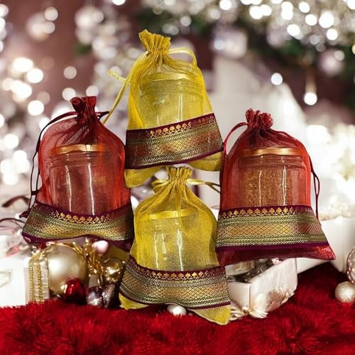 Kriwin Women's Silk Tissue Drawstring Small Size Potli Bags (18 X 12 cm; Gold and Maroon) -50 Pieces Each - Image 4