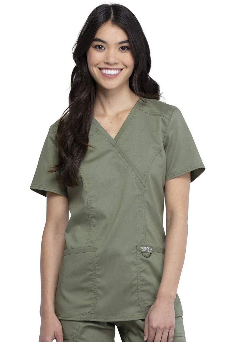 Cherokee Scrubs Top for Women Mock Wrap with 3 Pockets, Soft, 2-Way Stretch & Durable Fabric - WW610, S, Olive - Image 1