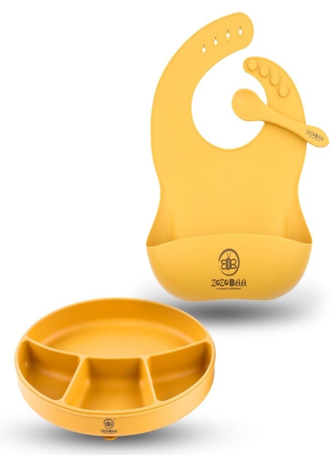 ZoZoBaa Silicone Baby Feeding Suction Plate & Weaning Bib with Easy Grip Spoon| Waterproof, Washable & Reusable, Adjustable Buttoned Bib For Infants & Toddler | Soft, Easy Cleaning, Yellow (Pack of 3) - Image 1