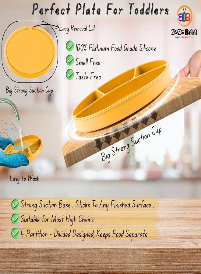 ZoZoBaa Silicone Baby Feeding Suction Plate & Weaning Bib with Easy Grip Spoon| Waterproof, Washable & Reusable, Adjustable Buttoned Bib For Infants & Toddler | Soft, Easy Cleaning, Yellow (Pack of 3) - Image 3