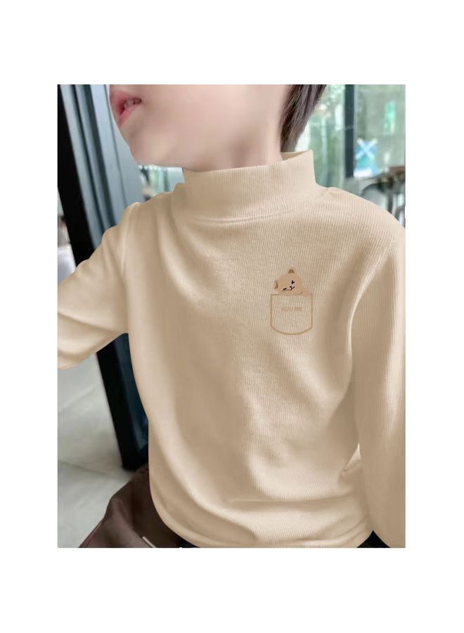 Cartoon Printed Long-sleeved T-shirt For Boys And Girls, Autumn And Winter Baby New Warm Inner Layering Velvet Half Turtleneck Bottoming Shirt