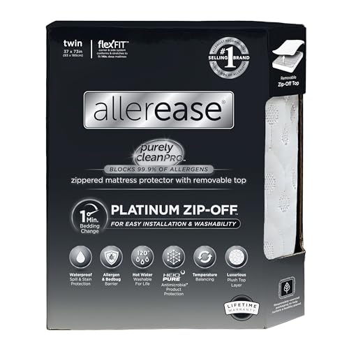 Aller-Ease حامي مرتبة مضاد للحساسية من أليير إيزي بلاتينيوم بغطاء علوي قابل للفك مقاوم للماء بحجم توين مع سحاب 360 درجة وحاجز للحساسية وتوازن درجة الحرارة وغطاء فخم قابل للغسل في الغسالة (أبيض) - Image 1