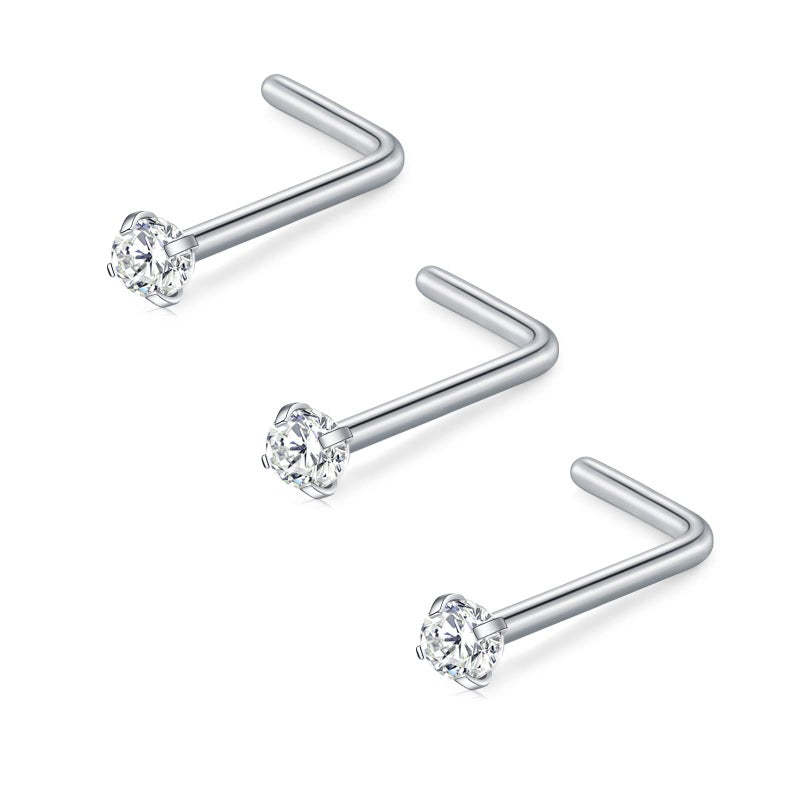D.Bella 18G L Shaped Nose Studs Surgical Stainless Steel 1.5mm Clear Diamond CZ Nose Rings Studs Silver Nose Rings for Women Nose Nostril Piercing Jewerly - Image 1