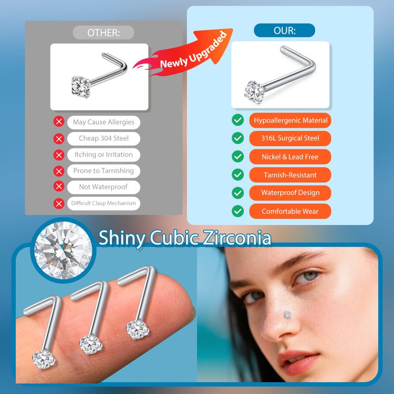 D.Bella 18G L Shaped Nose Studs Surgical Stainless Steel 1.5mm Clear Diamond CZ Nose Rings Studs Silver Nose Rings for Women Nose Nostril Piercing Jewerly - Image 5