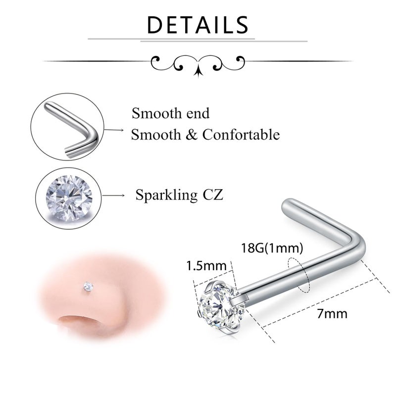 D.Bella 18G L Shaped Nose Studs Surgical Stainless Steel 1.5mm Clear Diamond CZ Nose Rings Studs Silver Nose Rings for Women Nose Nostril Piercing Jewerly - Image 2