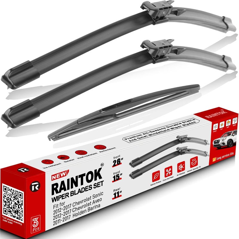 RAINTOK Windshield Wiper Blade Set for Chevrolet Sonic, Aveo, and Holden Barina (2012-2017) - 26"/15"/11" - Image 1