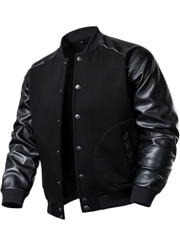 FANARCHER Men’s Varsity Baseball Jacket Cotton Blend Letterman Jacket with Faux Leather Sleeve Bomber Coat - Image 1