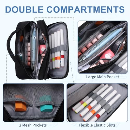 VASCHY Pencil Case, Large Cute Pencil Pen Pouch Organizer w Zippers Top Handle School Supplies for Kids,Teens,Students,Adults,Work Black - Image 3