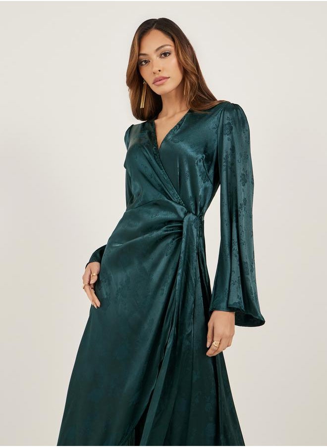 Styli Satin Tassel Detail Long Sleeves Wrap Maxi Dress  - Image 3