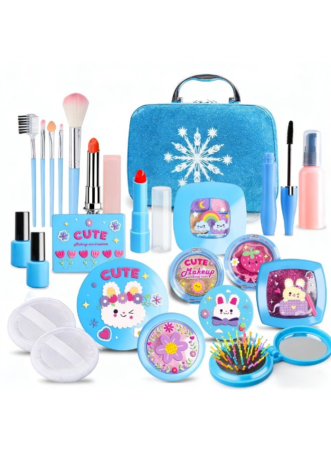 Blue Snowflake Ice Theme Kids Makeup Toy Set – 23PCS Safe Non-Toxic Portable cosmetics case for Girls' Pretend Play & Gifts - Image 1