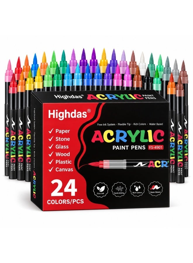 هايداز 24-Color Water-Based Acrylic Paint Markers  with Flexible Brush Tips for Rock, Canvas, Wood and Glass, Suitable for Kids and Adults - Image 1