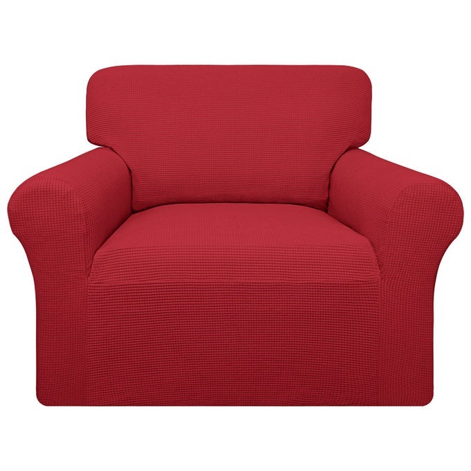EASYGOING 100 WATERPROOF CHAIR COUCH COVER DUAL WATERPROOF SOFA COVER STRETCH JACQUARD SOFA SLIPCOVER LEAKPROOF FURNITURE PROTECTOR FOR KIDS PETS DOG AND CAT CHAIR CHRISTMAS RED