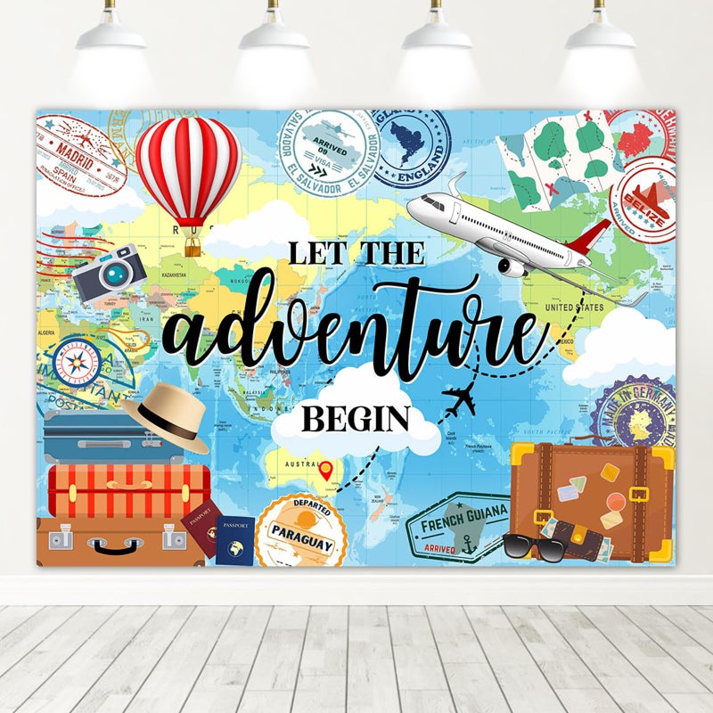 Avezano 7x5ft Adventure Awaits Backdrop Let The Adventure Begin World Map Photography Background Travel Theme Party Banner Decoration Supplies - Image 1
