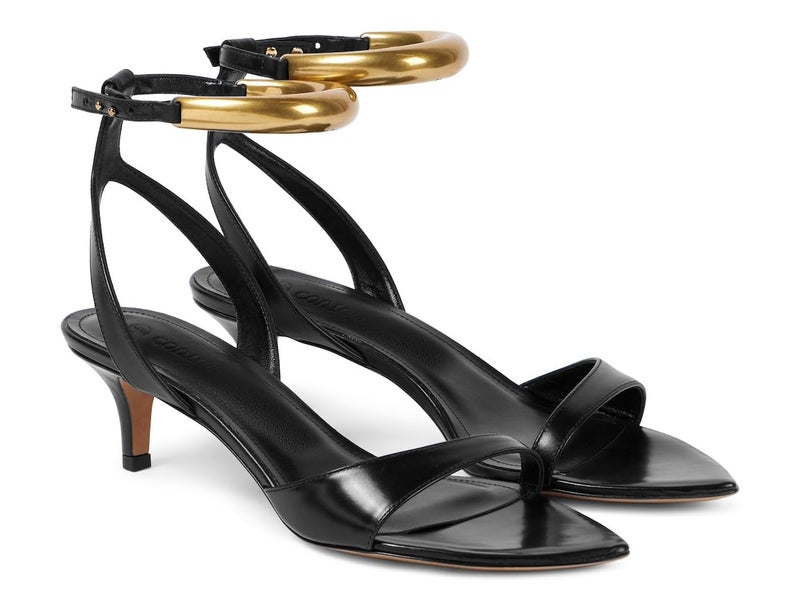 Coutgo Womens Low Kitten Heels Sandals Strappy Pointed Open Toe One Strap Metal Summer Dress Shoes, Black, size 8.5 - Image 1