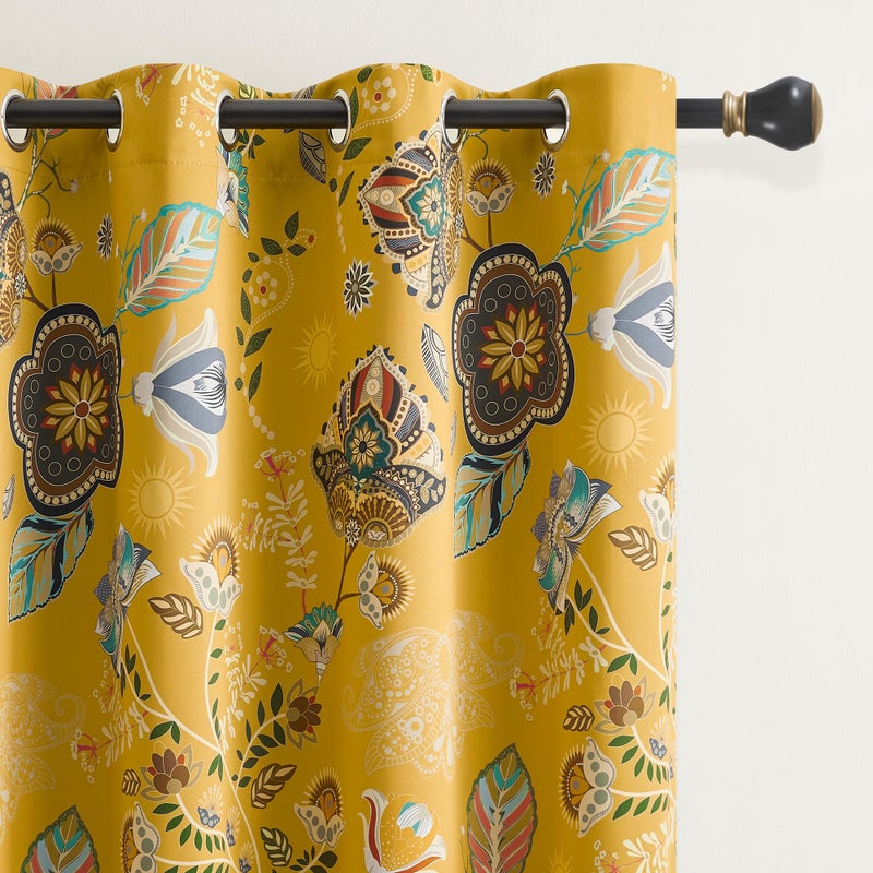 XiDi Mustard Yellow Patterned Blackout Curtains 84 Inches Long Vintage Floral Curtains for Bedroom Living Room 2 Panels Thermal Insulated Grommet Top Luxury Mid Century Colorful Drapes 52x84 - Image 1