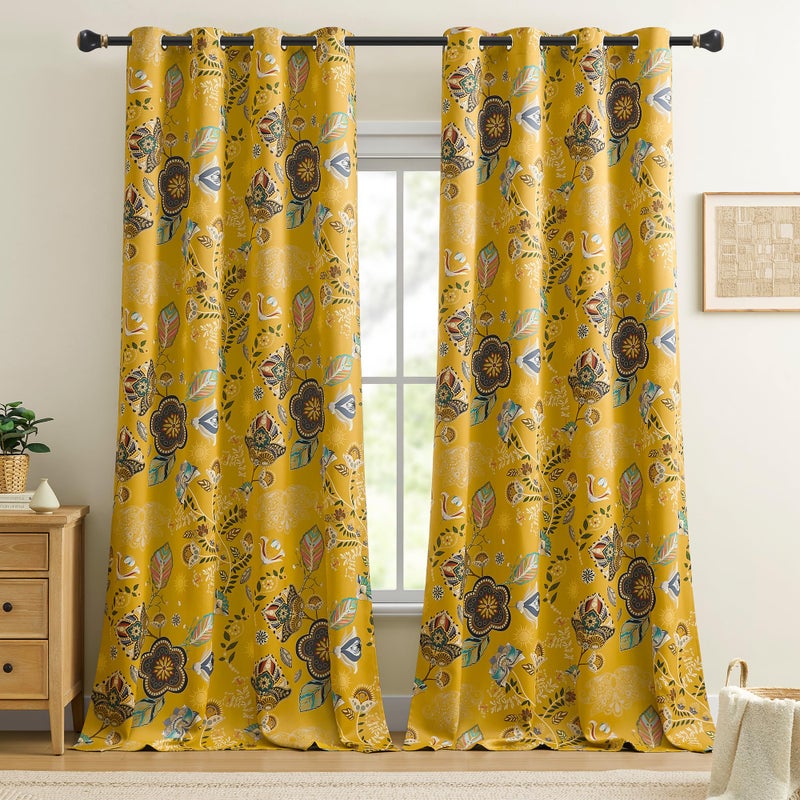 XiDi Mustard Yellow Patterned Blackout Curtains 84 Inches Long Vintage Floral Curtains for Bedroom Living Room 2 Panels Thermal Insulated Grommet Top Luxury Mid Century Colorful Drapes 52x84 - Image 3