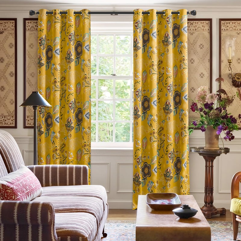 XiDi Mustard Yellow Patterned Blackout Curtains 84 Inches Long Vintage Floral Curtains for Bedroom Living Room 2 Panels Thermal Insulated Grommet Top Luxury Mid Century Colorful Drapes 52x84 - Image 5