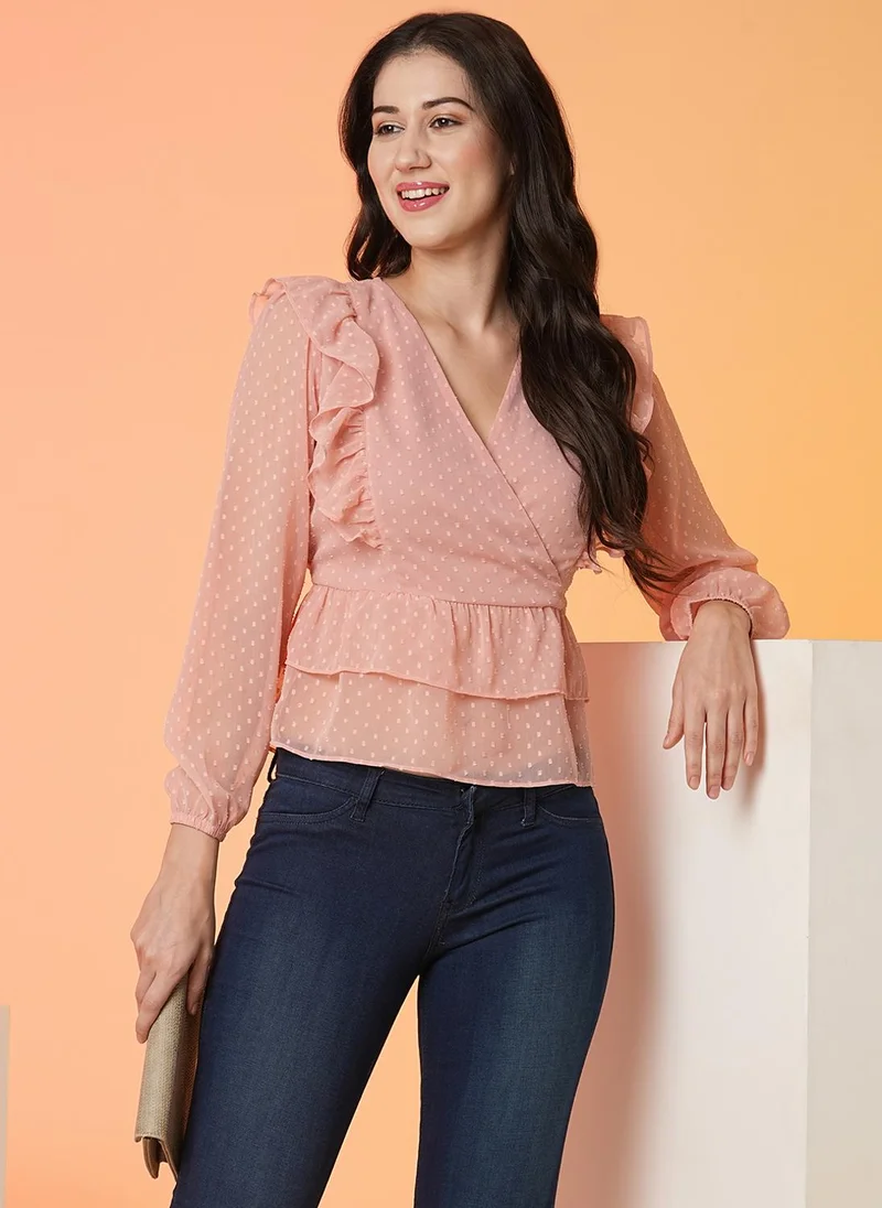 globus Globus Women Peach Ruffles Wrap Top