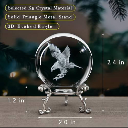 QIANCHANG 3D Engraved Eagle Crystal Ball with Stand Laser Etched Glass Eagle Figurine Carving Crystal Sphere Paperweight(2.4 in) - Image 2