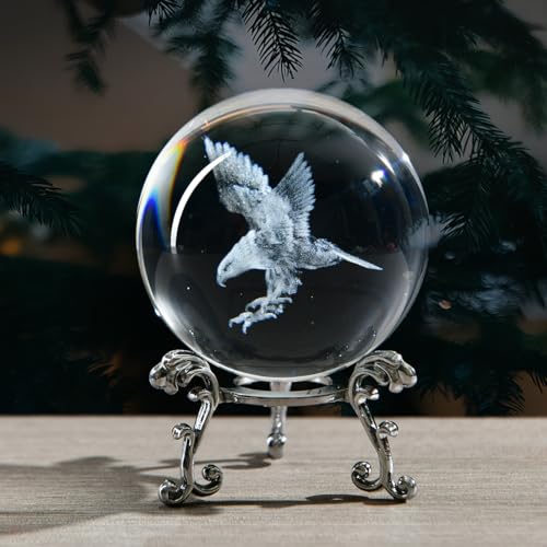 QIANCHANG 3D Engraved Eagle Crystal Ball with Stand Laser Etched Glass Eagle Figurine Carving Crystal Sphere Paperweight(2.4 in) - Image 5