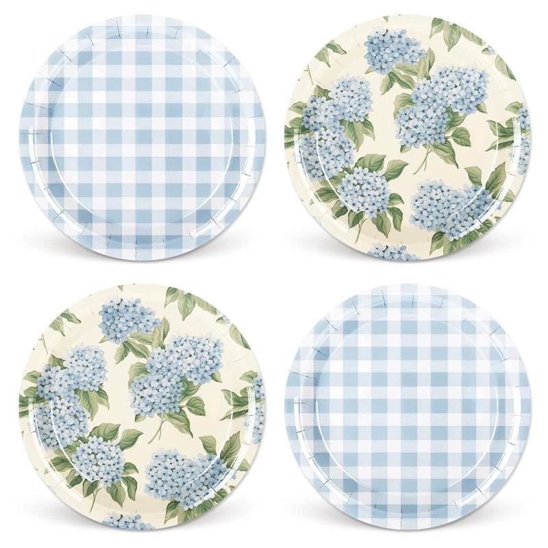 Whaline 40Pcs Hydrangea Plaid Paper Plate Blue And White Floral Disposable Dinner Plate Flower Checkered Tableware For Spring Party Supplies Table Decor 9 In