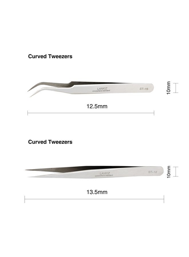 LANKIZ Eyelash Extension Tweezers Stainless Steel Straight and Curved Volume Lash Tweezers Set for Eyelash Extension Professional Applicator Tool-Silver - Image 3