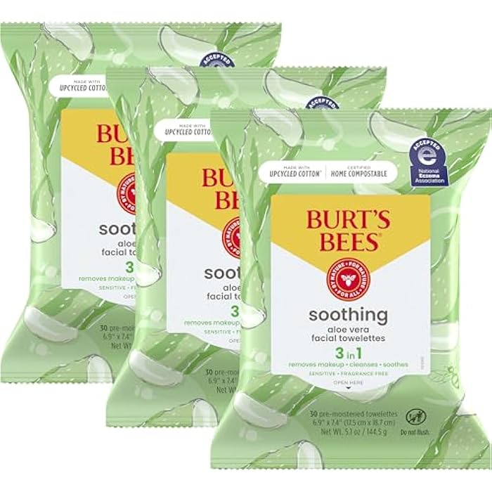 Burt's Bees Stocking Stuffers, Aloe Vera Face Wipes, for Sensitive Skin, Soothing Makeup Remover & Facial Cleansing Towelettes Christmas Gifts, 30 Ct. (3-Pack) - Image 1