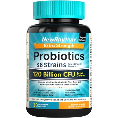 NewRhythm Probiotics 120 Billion CFU 36 Strains 3in1 Probiotics for Digestive Health Immune Support with Prebiotics Enzymes Probioticos for Women Men Vegan Targeted Release Supplement 30ct