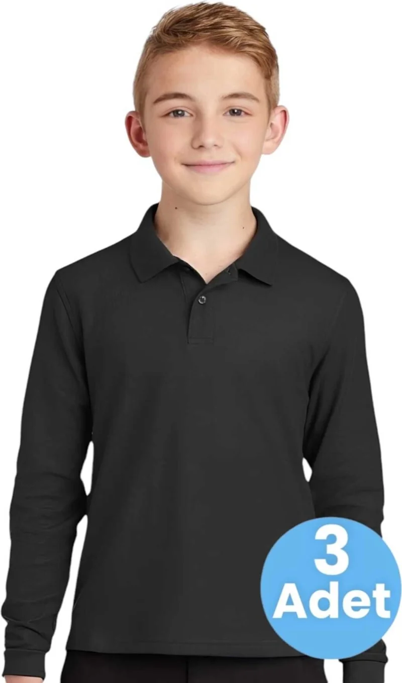 Tezzgelsin 3-Piece Boy Long Sleeve Cotton Polo Neck T-Shirt Daily and School Uniform School T-Shirt