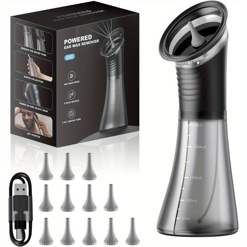 Black Ear Cleaner Set with 3 Speed USB Recharge 2000mAh 11 Nozzles IPX7 - Image 1