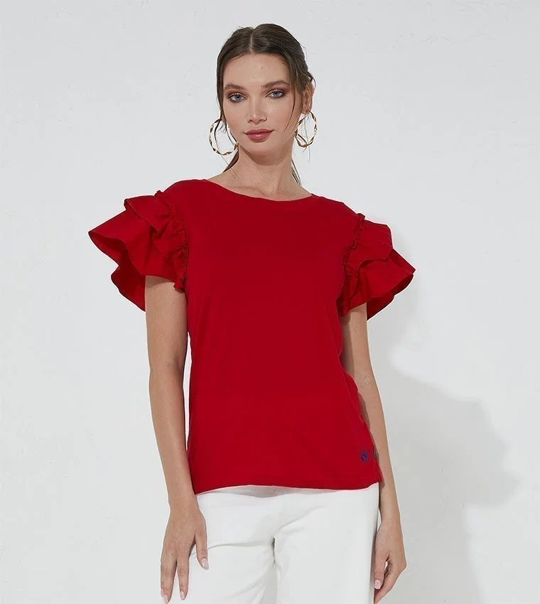 Crew-Neck T-shirt with Ruffled Sleeves