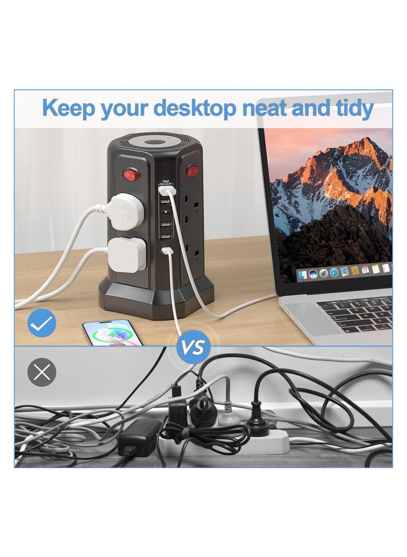اكسيسن - شريط حماية من زيادة التيار الكهربائي، 5 منافذ USB مع إضاءة ليلية، سلك تمديد بطول 2 متر مع 8 منافذ متعددة للتيار المتردد، برج شرائط الطاقة للمكتب المنزلي - Image 1