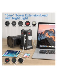 اكسيسن شريط حماية من زيادة التيار الكهربائي، 5 منافذ USB مع إضاءة ليلية، سلك تمديد بطول 2 متر مع 8 منافذ متعددة للتيار المتردد، برج شرائط الطاقة للمكتب المنزلي  - Image 4