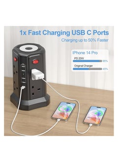 اكسيسن شريط حماية من زيادة التيار الكهربائي، 5 منافذ USB مع إضاءة ليلية، سلك تمديد بطول 2 متر مع 8 منافذ متعددة للتيار المتردد، برج شرائط الطاقة للمكتب المنزلي  - Image 2