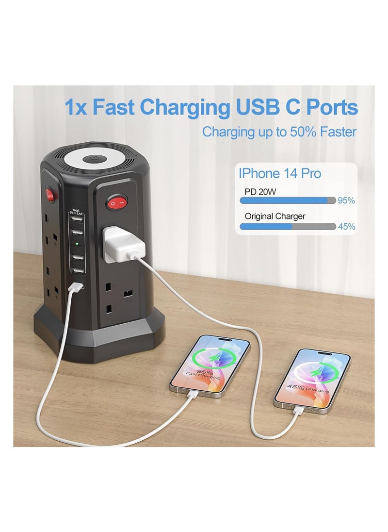 اكسيسن - شريط حماية من زيادة التيار الكهربائي، 5 منافذ USB مع إضاءة ليلية، سلك تمديد بطول 2 متر مع 8 منافذ متعددة للتيار المتردد، برج شرائط الطاقة للمكتب المنزلي - Image 1