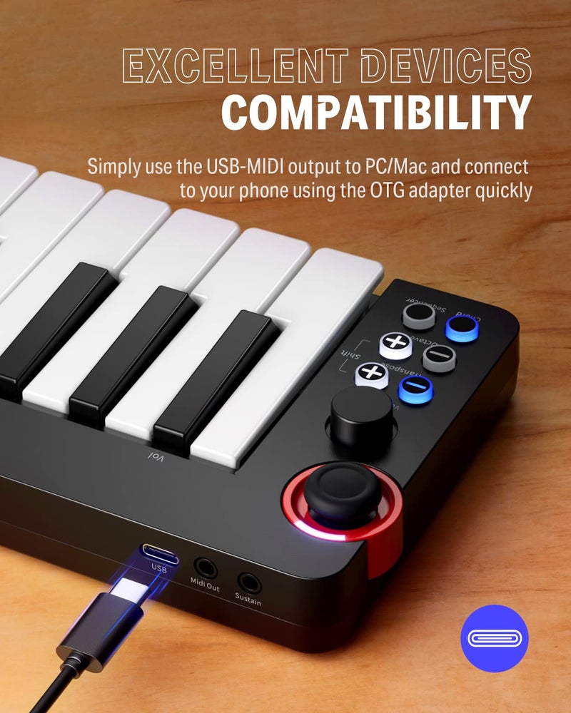 Donner وحدة تحكم لوحة مفاتيح MIDI 32 مفتاح، N-32 مع شاشة عرض أنبوب رقمية، وظيفة تسلسل، وضع تشغيل الأوتار، تأثيرات صوتية من خلال عصا التحكم المضيئة لجهاز iPhone و iPad و Mac و PC - Image 5