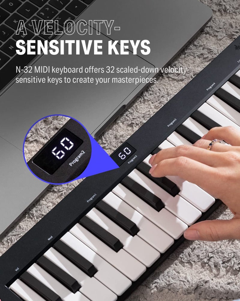 Donner وحدة تحكم لوحة مفاتيح MIDI 32 مفتاح، N-32 مع شاشة عرض أنبوب رقمية، وظيفة تسلسل، وضع تشغيل الأوتار، تأثيرات صوتية من خلال عصا التحكم المضيئة لجهاز iPhone و iPad و Mac و PC - Image 2