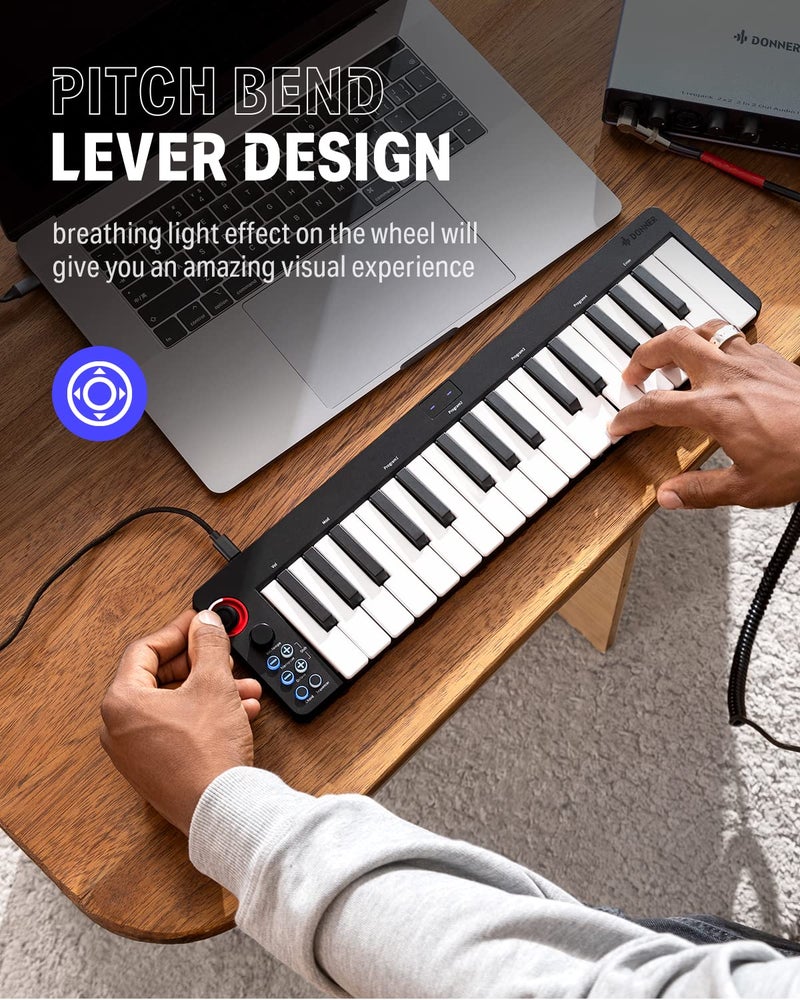 Donner وحدة تحكم لوحة مفاتيح MIDI 32 مفتاح، N-32 مع شاشة عرض أنبوب رقمية، وظيفة تسلسل، وضع تشغيل الأوتار، تأثيرات صوتية من خلال عصا التحكم المضيئة لجهاز iPhone و iPad و Mac و PC - Image 3