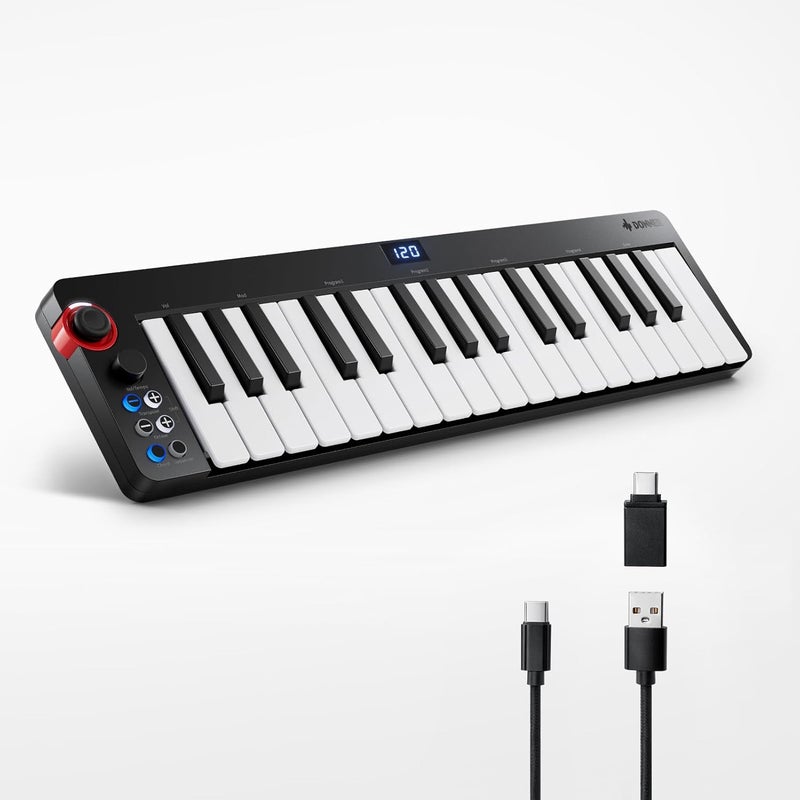 Donner وحدة تحكم لوحة مفاتيح MIDI 32 مفتاح، N-32 مع شاشة عرض أنبوب رقمية، وظيفة تسلسل، وضع تشغيل الأوتار، تأثيرات صوتية من خلال عصا التحكم المضيئة لجهاز iPhone و iPad و Mac و PC - Image 1