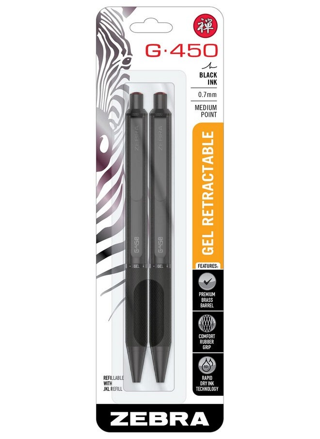 Zebra Pen Zebra Pen G-450 Retractable Gel Pen, Black Brass Barrel, Medium Point, 0.7mm, Black Ink, 2 Count (Pack of 1) (49512), Black, Refillable  - Image 1