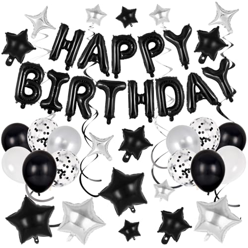 TOTAFAM 55 Pcs Happy Birthday Balloons Letters Banner with 35 Pcs Star Foil Balloons 20 Pcs Latex Balloon 6 Hanging Swirls for Women Men Boys Girls Birthday Party Decorations Set Black - Image 1